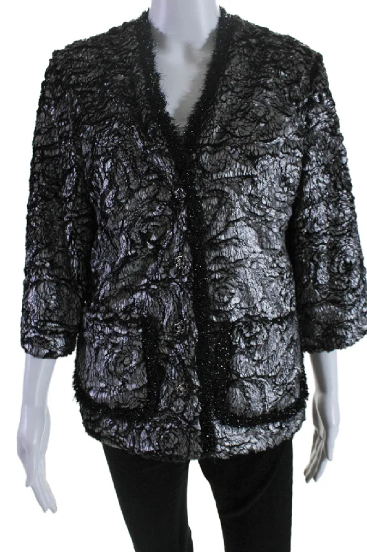 Luxury Women's Clothing Chanel Womens Silk Metallic Faux Fur Buttoned Jacket Silver Black SIze EUR 36