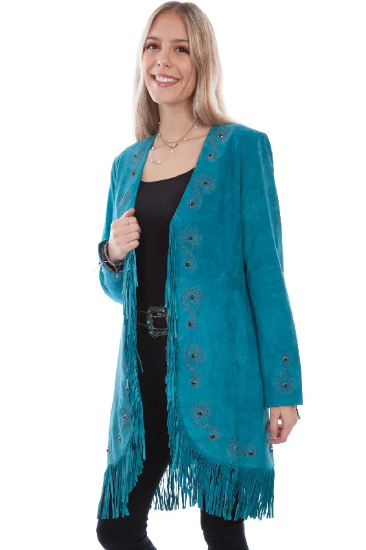 Women's Clothing For Casual Outings Scully Womens Dark Turquoise Leather Fringe Coat Jacket