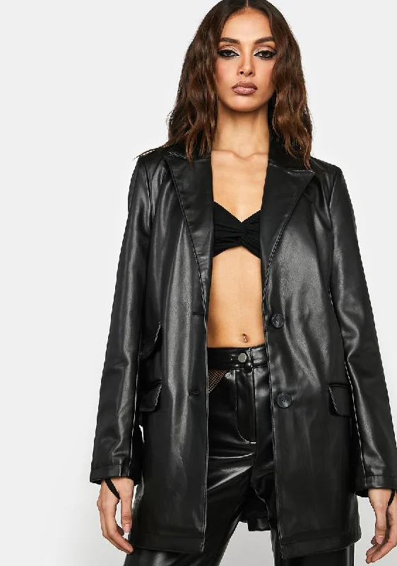 Women's Chic Outerwear Outfit Vegan Leather Blazer