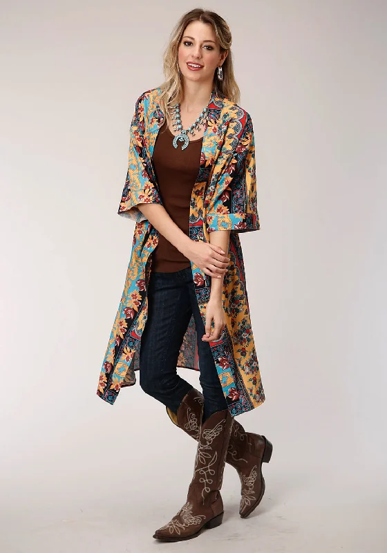 Women's Office Clothing Roper Womens Turquoise Polyester Baroque Floral Cardigan