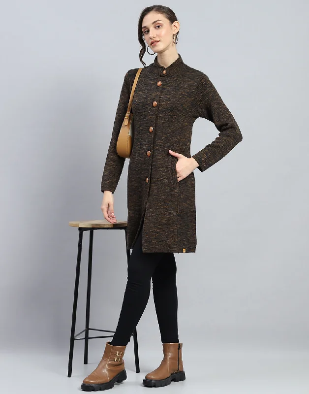 Women's Sports Apparel Women Brown Self Design High Neck Full Sleeve Knitted coat