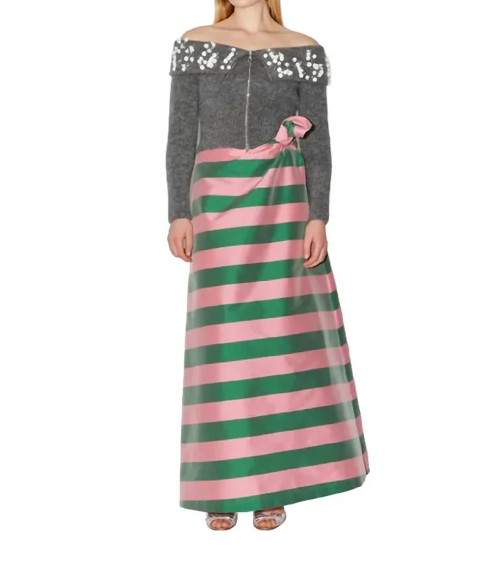 Women's Elegant Evening Outfit Carlotta Striped Skirt In Winter Pink/pine Green