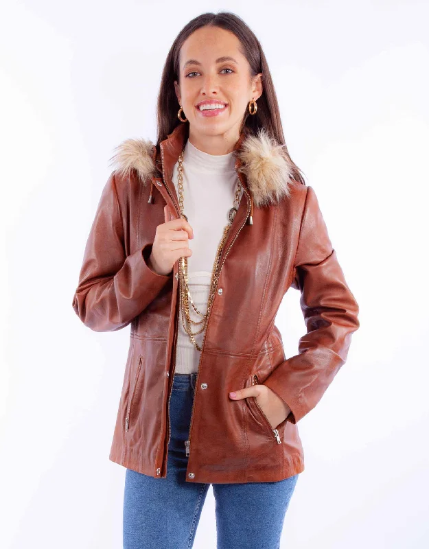 Comfortable Women's Clothes Scully Womens Faux Fur Hooded Brown Leather Leather Jacket