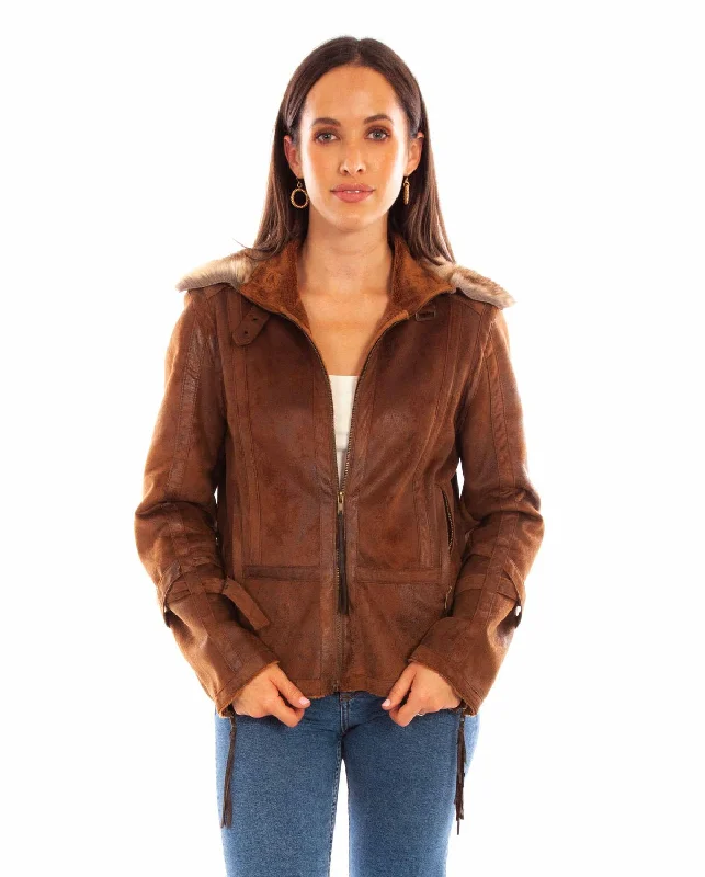 Women's Wardrobe Apparel Scully Womens Bomber Aviation Brown 100% Polyester Faux Leather Jacket