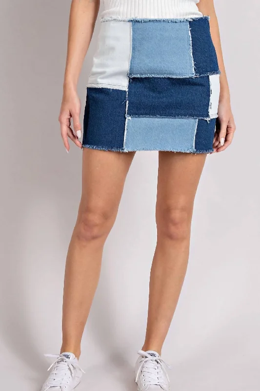 Timeless Women's Outfit Retro Patchwork Color Block Mini Skirt In Mineral Washed Denim