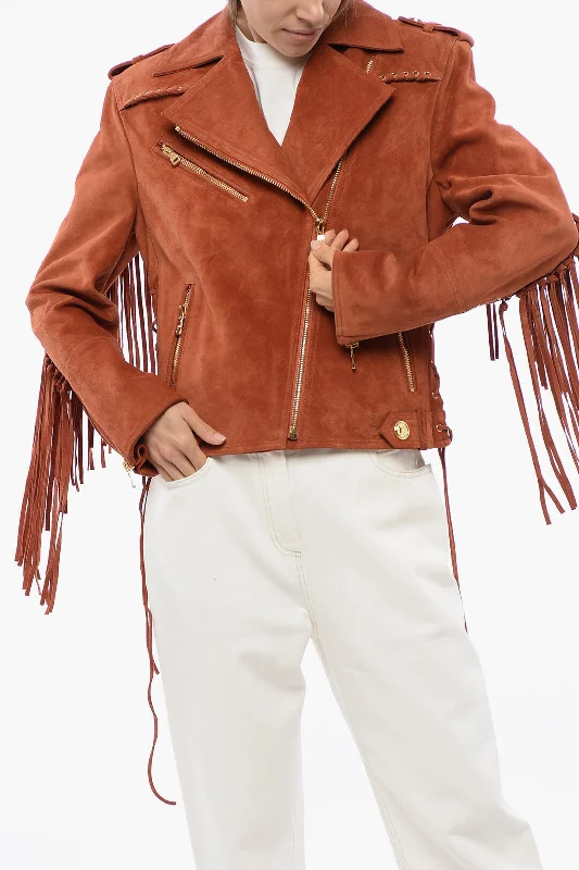 Women's Elegant Clothing Sets Balmain Fringed Suede Biker Jacket