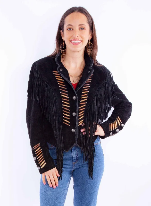 Timeless Women's Apparel Scully Womens Whip Stitch Fringe Black Leather Leather Jacket