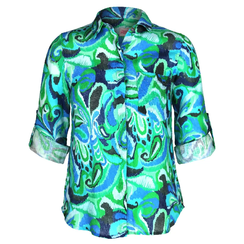 Relaxed Style Deals Women's Luxury Garments Kelly Shirt Green Paisley Print Linen