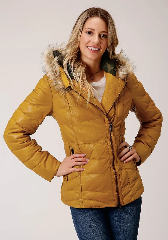 Stylish And Comfortable Clothing For Women Stetson Womens Yellow Leather Quilted Hooded Jacket