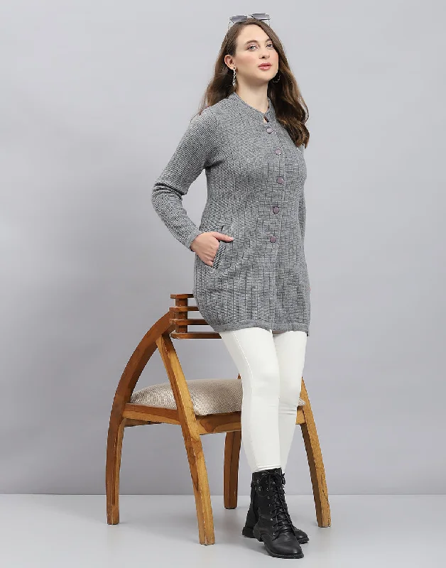 Women's Plus-Size Clothes Women Grey Self Design Round Neck Full Sleeve Knitted coat