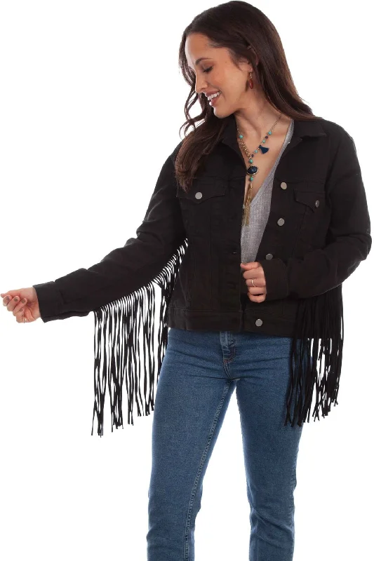 Stylish Women's Outerwear Apparel Scully Womens Black Cotton Blend Fringe Jean Denim Jacket