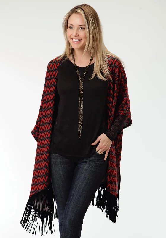 Women's Comfy Loungewear Outfit Roper Black Chevron Ladies Red Polyester Poncho Sweater