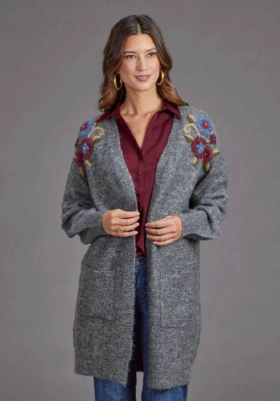 Comfortable Outfit For Women Stetson Womens Floral Embroidered Grey Acrylic Blend Cardigan Sweater