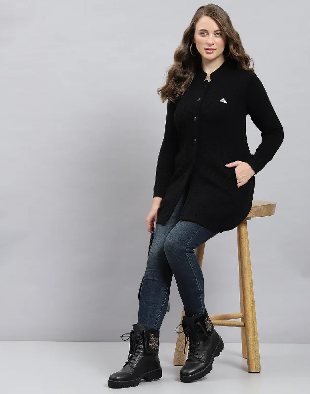 Women's Athleisure Apparel Women Black Self Design Round Neck Full Sleeve Knitted coat