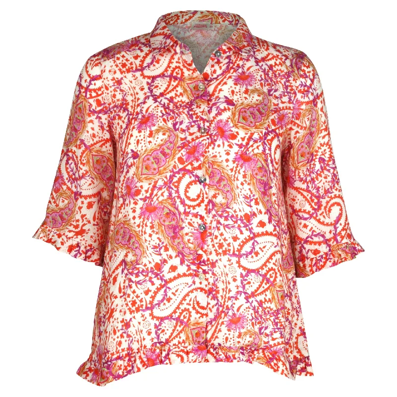 Playful Fashion Offers Women's Workout Garments Rose  Ruffle Orange Paisley Shirt