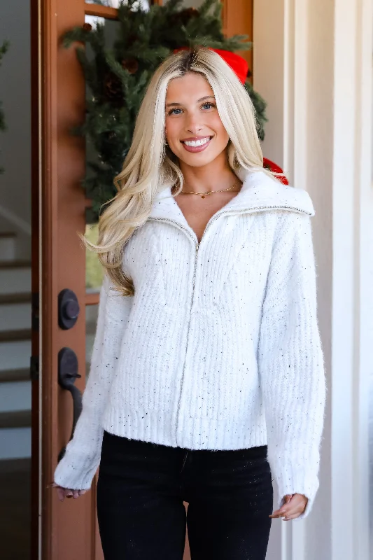 Women's Evening Wear Attire Cozy Agenda White Zip-Up Sweater