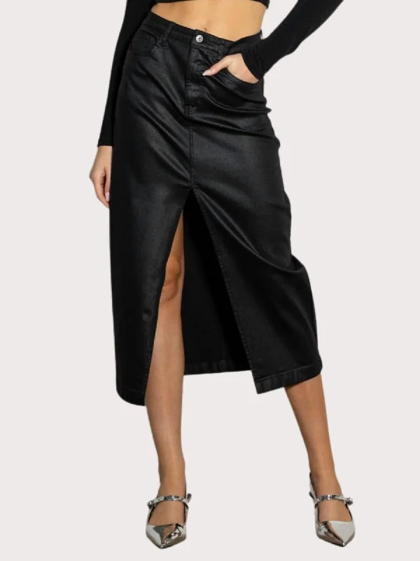 Women's Workout Garments Front Slit Midi Coated Skirt In Black