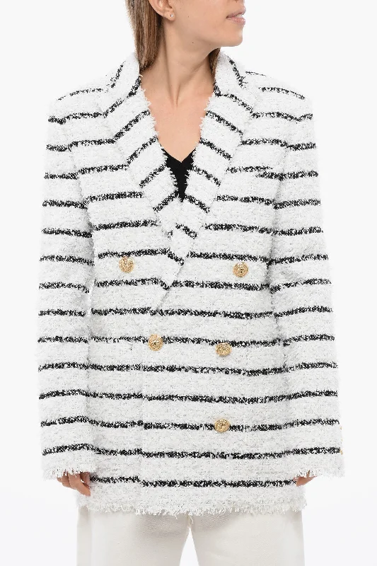 Formal Outfit For Women Balmain Striped Double Breasted Coat With Jewel Buttons