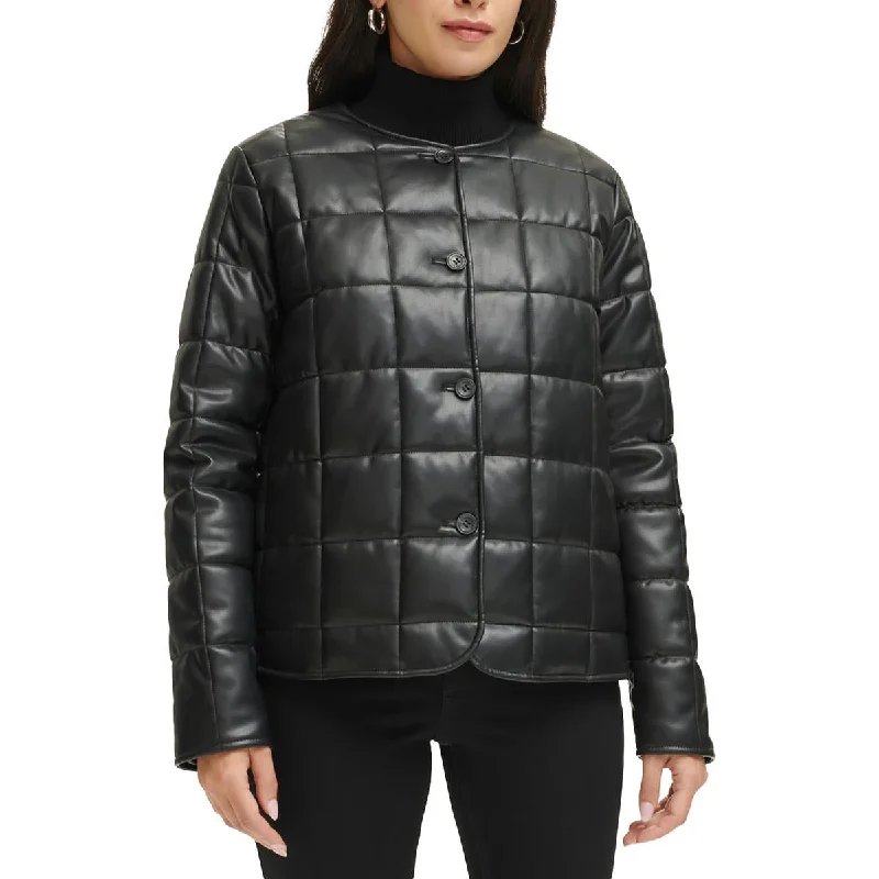 Women's Activewear Attire Womens Quiled Faux Leather Puffer Jacket