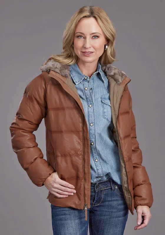 Women's Outerwear Attire Stetson Womens Quilted Puffy Brown Leather Leather Jacket