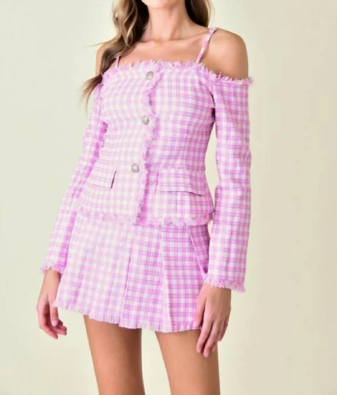 Elegant Women's Evening Garments Preppy Chic Plaid Pleated Skirt In Pink/white