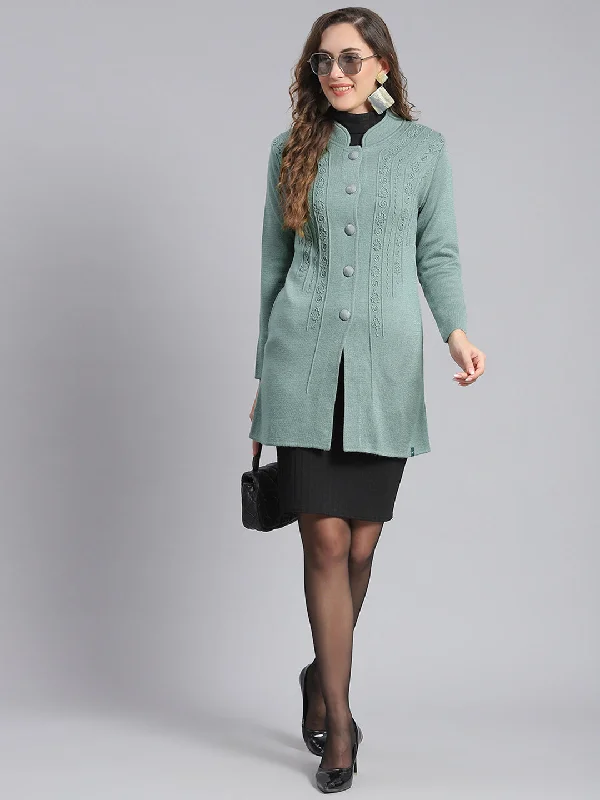 Women's Clothes For Special Occasions Women Green Self Design Mandarin Collar Full Sleeve Coats