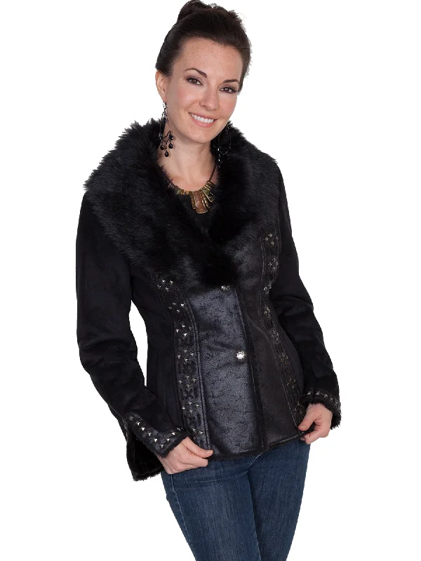 Women's Elegant Outfit Scully Womens Black Faux Fur Stud Jacket