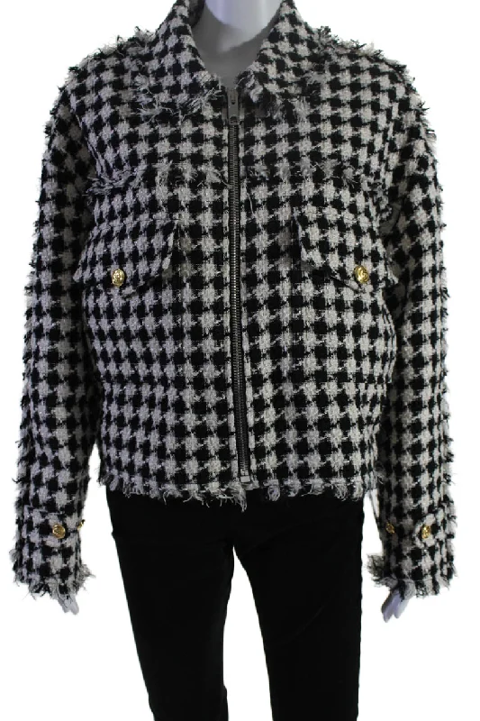 Women's Active Clothing Gucci Womens Front Zip GG Pocket Fringe Plaid Knit Jacket Black White