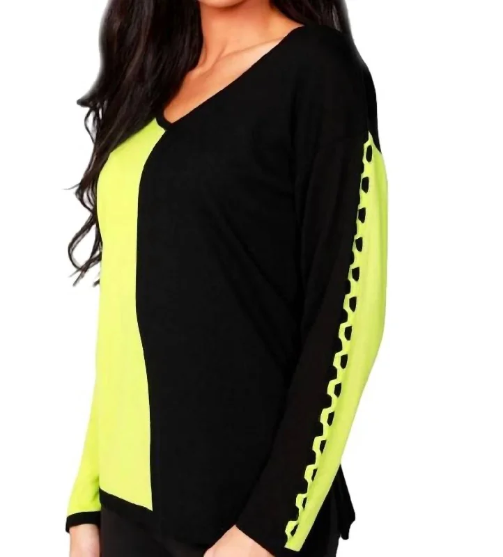 Quick Grab Deals Color Block V-Neck With Detail Sleeve In Black/kiwi