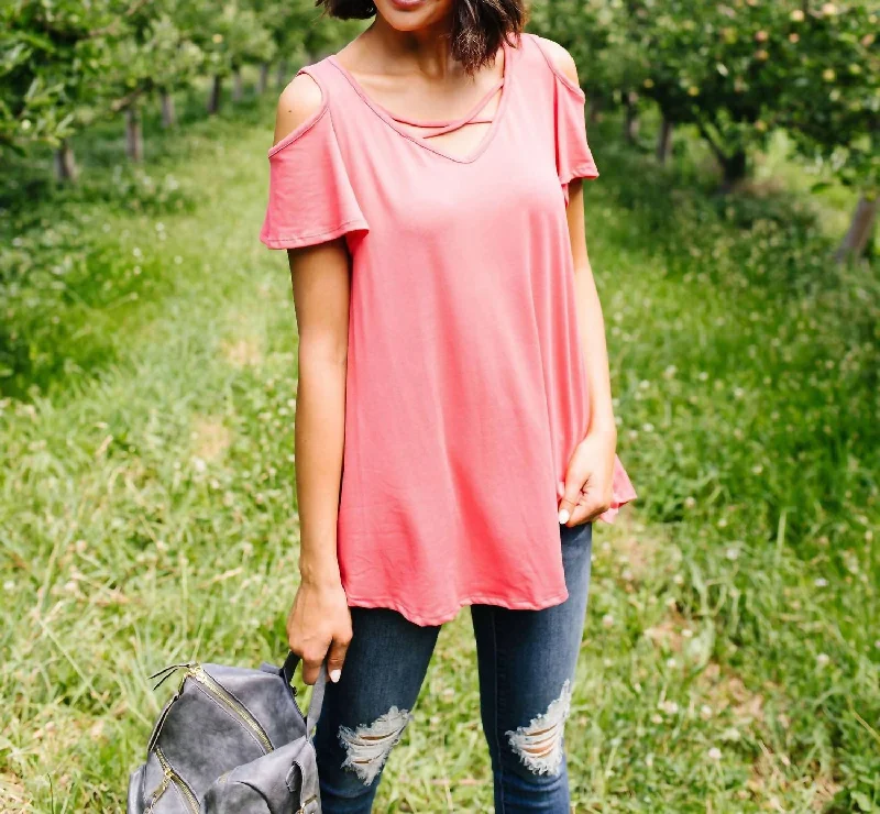 Big Savings Cold Shoulder Crossed Heart Top In Coral