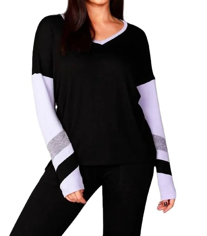 Hurry Before It's Gone Color Block V-Neck With Stripe In Black/lilac