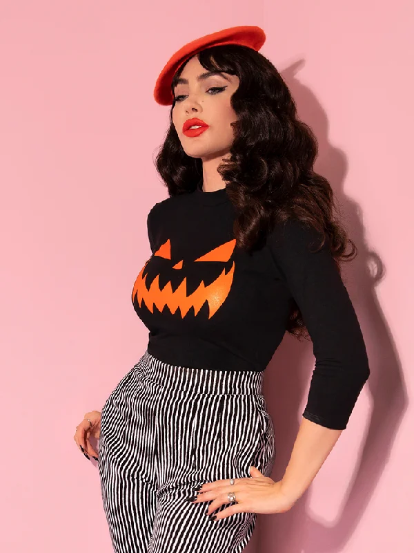 Sustainable Fashion Extravaganza Pumpkin King 3/4 Sleeve Top in Black and Orange - Vixen by Micheline Pitt