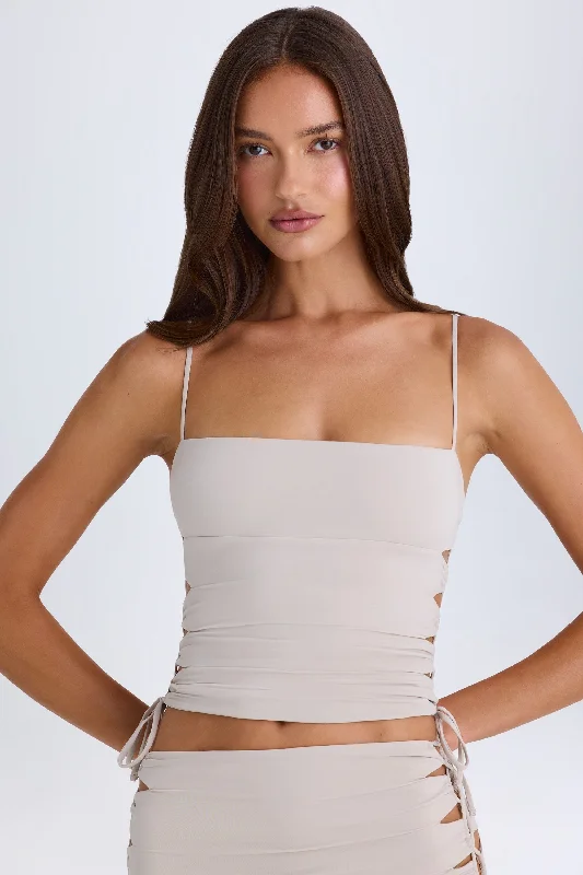 Stylish Savings Ruched Cut-Out Top in Taupe