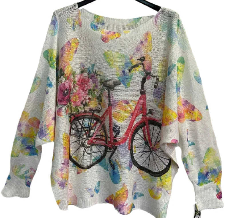 Shop Sale Items 309 White Bicycle Butterfly Round Neck Knit