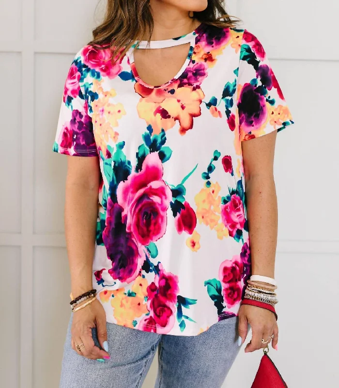 Enjoy Discount Watercolor Flowers Keyhole Top In Ivory