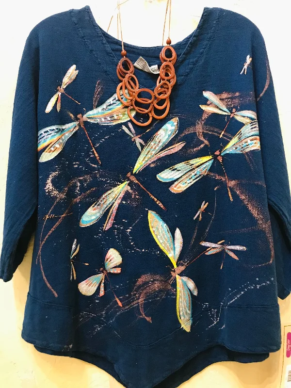 Edgy Fashion Deals Dragonflies Indigo Hand-Painted Top