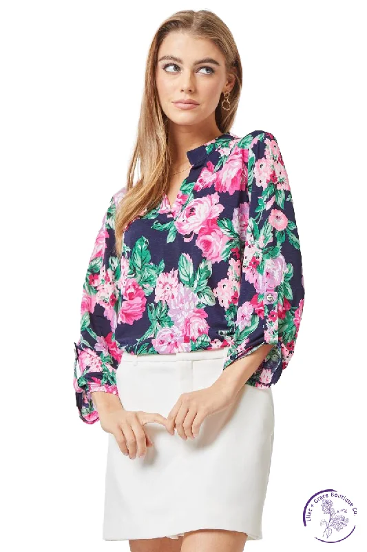 Cozy Chic Promotions Pink Flowers 3/4 Sleeve Lizzy Top