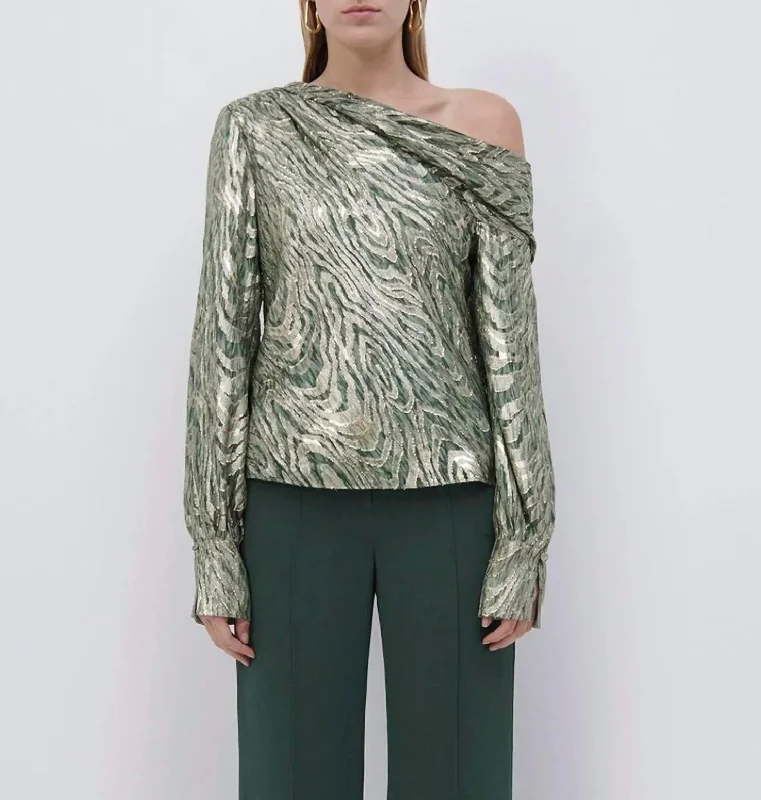 Chic Style, Always In Vogue Alice Metallic Fil Coupe Top In Hunter Green Metalluc Moire