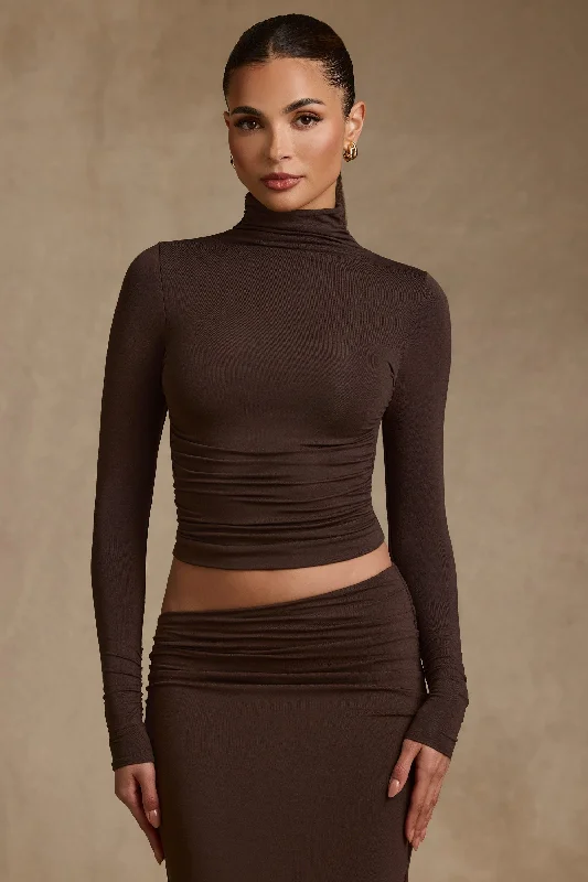 Valentine's Special Modal Ruched Backless Turtleneck Top in Chocolate Brown