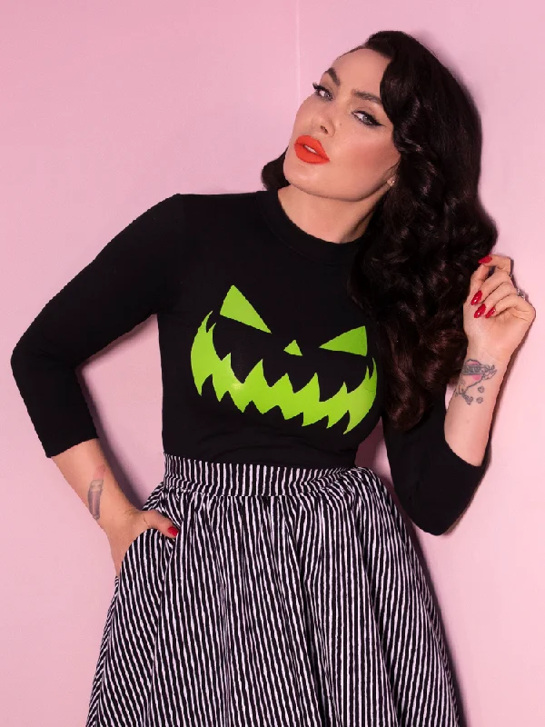 Trendy Pulse Pumpkin King Glow in the Dark 3/4 Sleeve Top in Black and Green - Vixen by Micheline Pitt