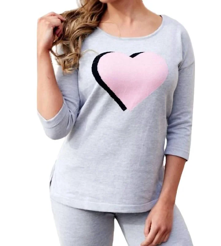 You'll Love Us Because 3/4 Sleeve Heart Crew Top In Gray