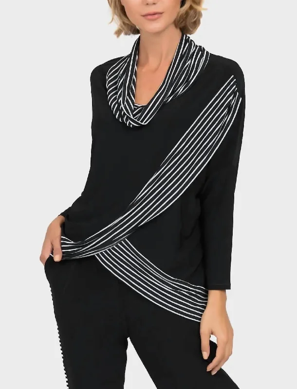 Stay Ahead In Style Cowl Neck Stripe Top In Black/white