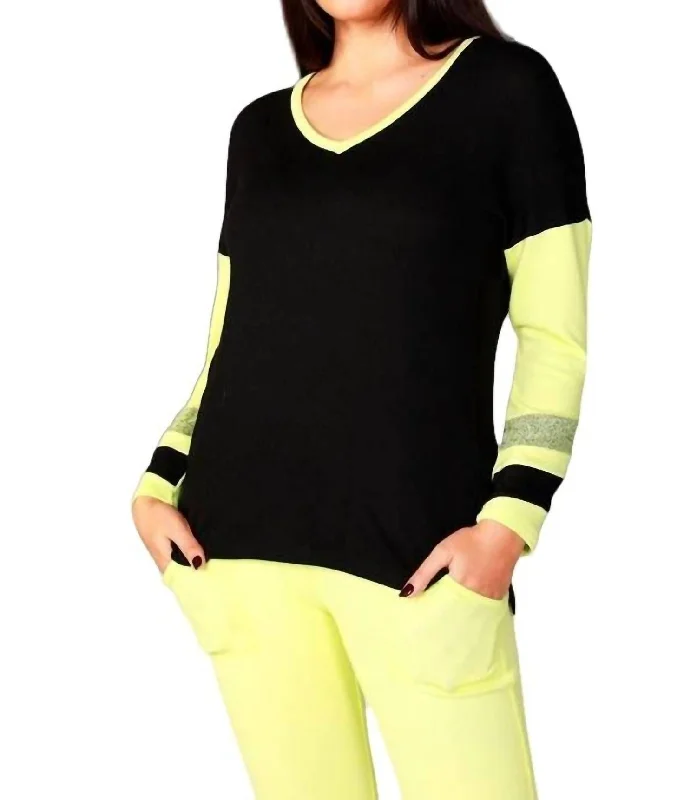 Discover Promotions Color Block V-Neck With Stripe In Black/lime