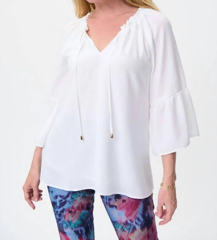 Dive Into Trendy Styles Shirred V-Neck 3/4 Sleeve Top In White