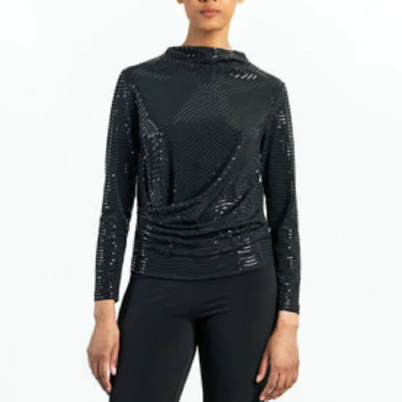 Trendy Pulse Shimmer Embellished - High Boat Neck Side Draped Top In Black