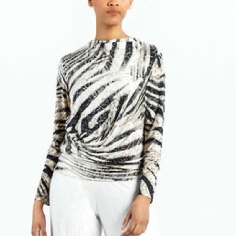 Chic And Trendy High Boat Neck Side Draped Top In Zebra