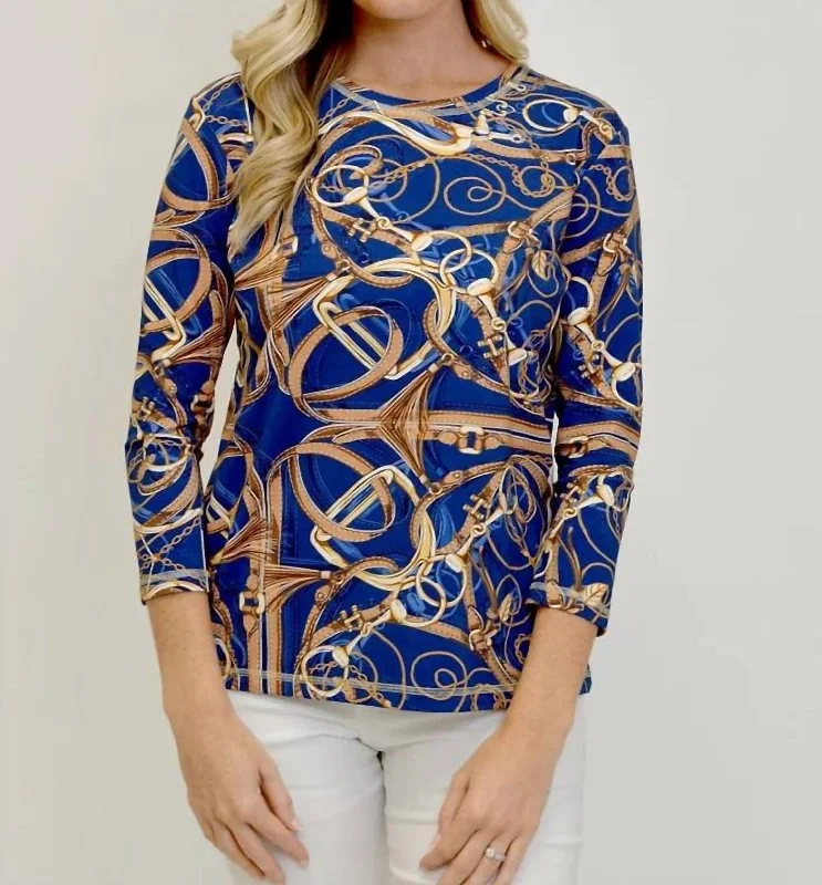 Urban Fashion 3/4 Sleeve Equestrian Print Shirt In Navy