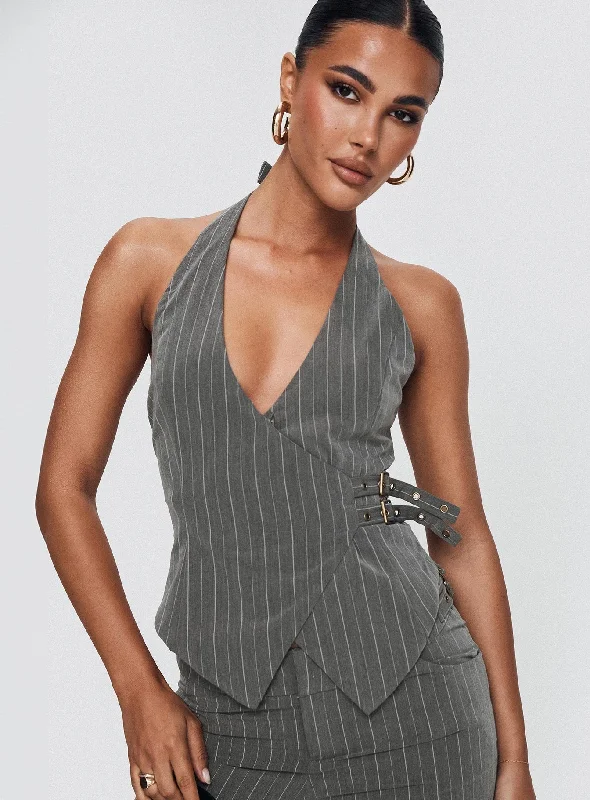 Durable Fashion Picks Calexico Buckle Halter Top Grey Pinstripe