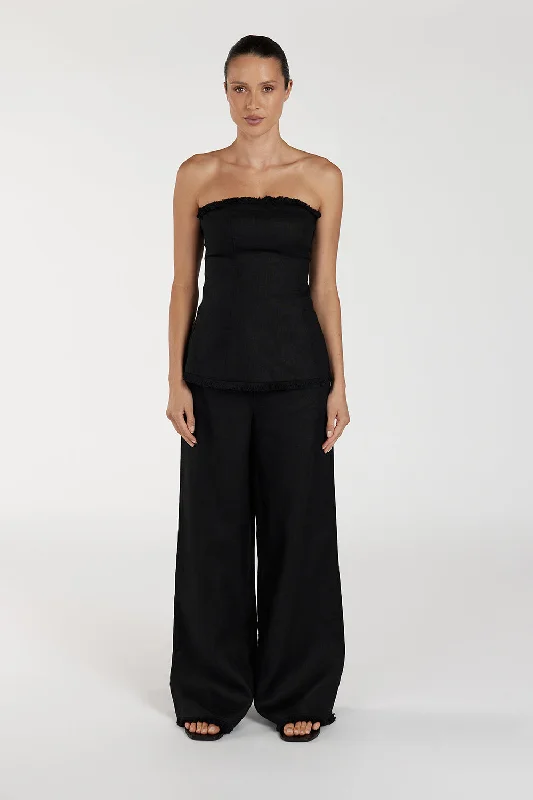 Sustainable Fashion Extravaganza ZAHARA BLACK LINEN FRINGED TOP