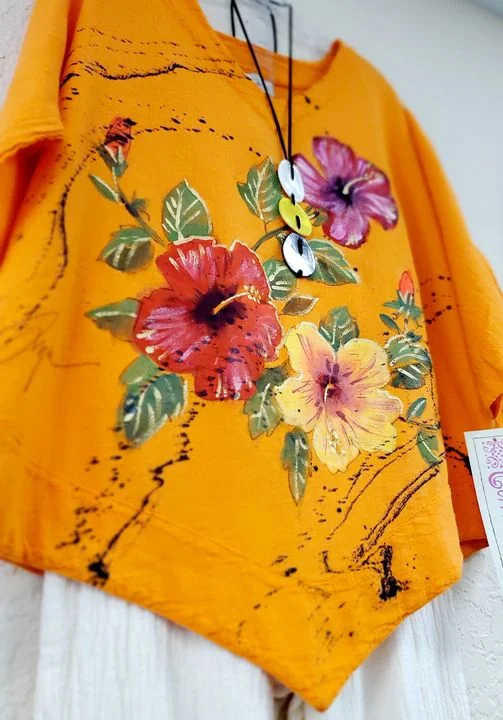 Boutique Styles Citrus Hibiscus Hand-Painted Top